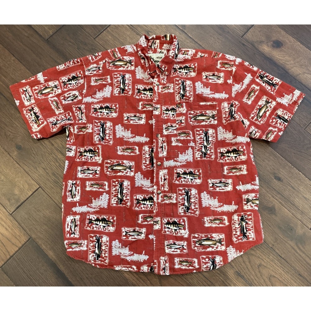 Joe Marlin‎ Survival Gear Men's SS Button Up Shirt Trout Fishing Scenes XL